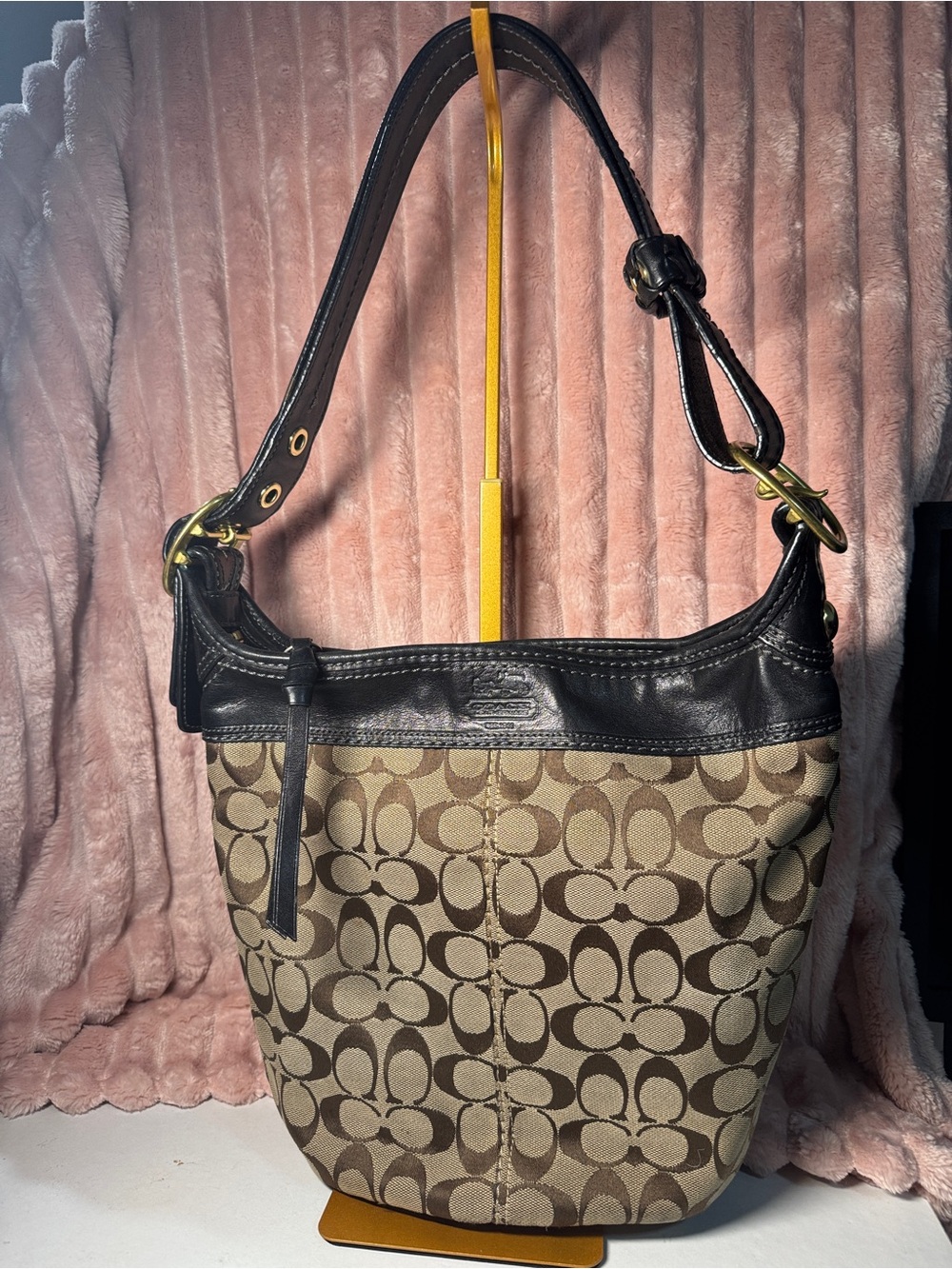 Coach Brown Bleecker Signature Canvas Shoulder Bag with black  Leather Trim